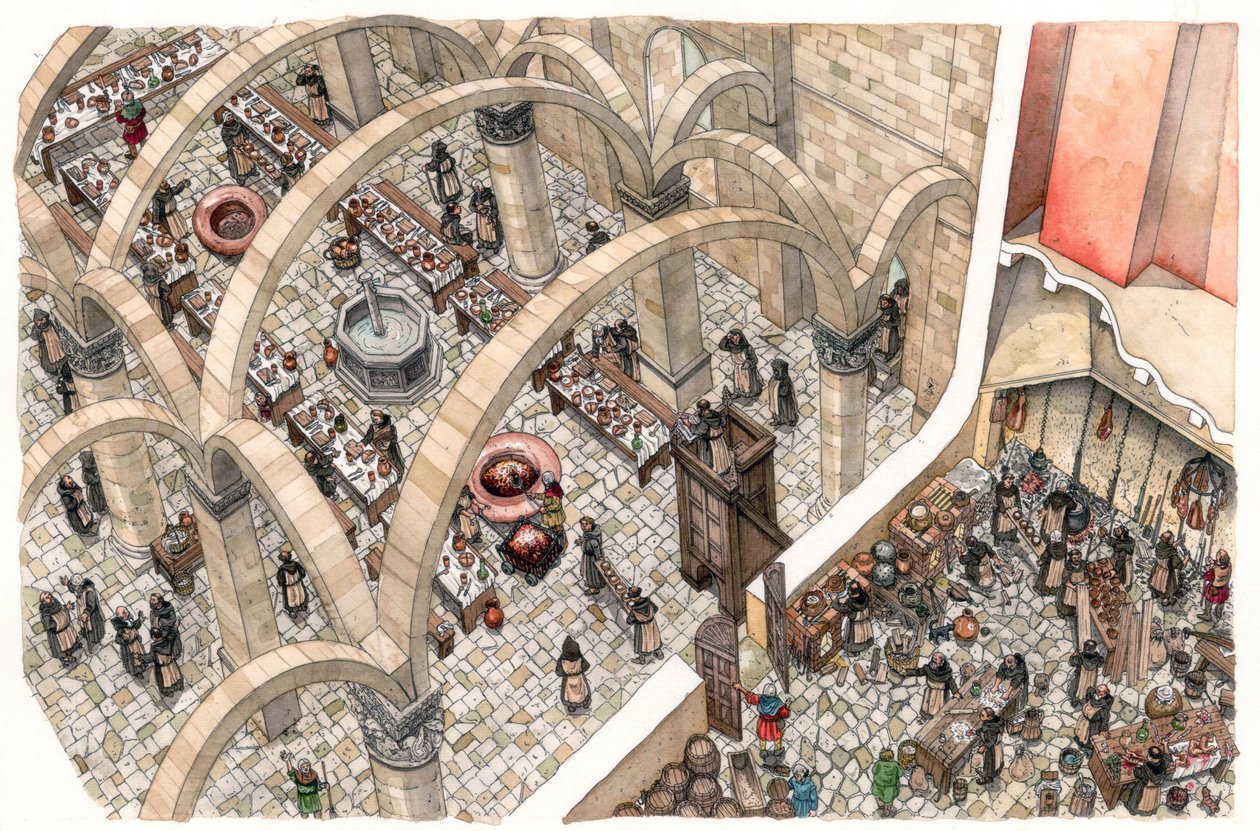 Idade Média: um refeitório e uma cozinha num mosteiro. Trabalho religioso de preparação de refeições comunitárias. Século XII ou XIII de Giorgio Albertini