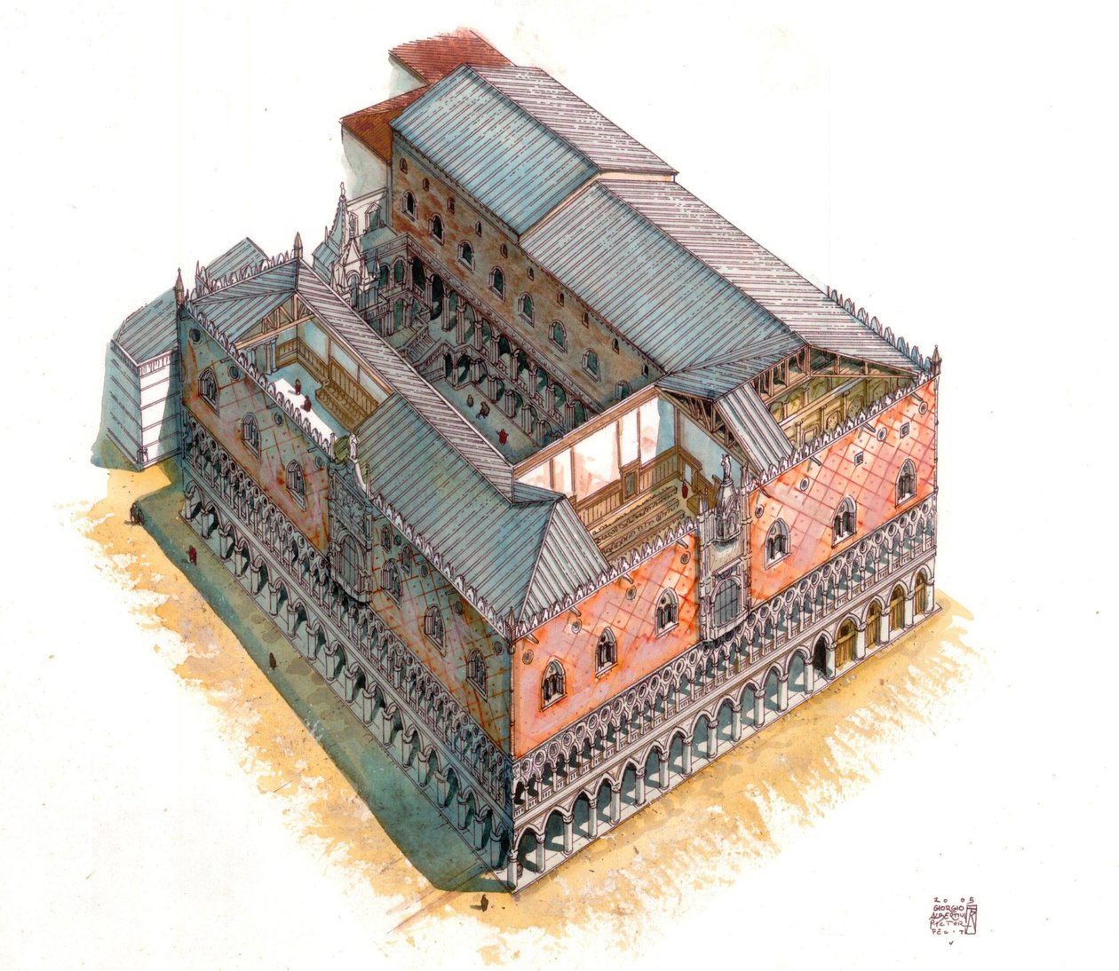 Idade Média: vista aérea e secção arquitetónica do Palácio Ducal (ou Palácio Ducal ou Palazzo Ducale) na Praça de São Marcos, em Veneza, no século XV. Itália de Giorgio Albertini