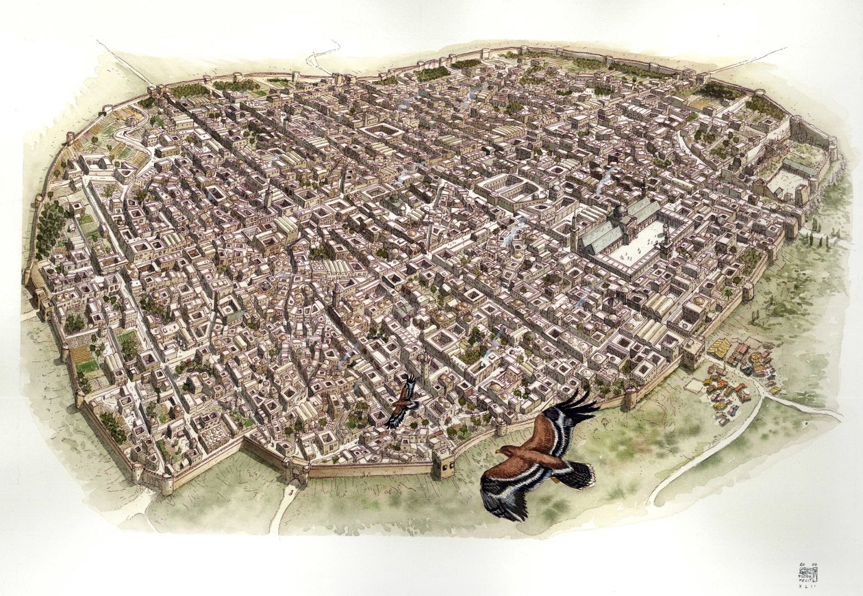 Idade Média: vista aérea de Damasco, na Síria, quando esta cidade fazia parte do Império Otomano. de Giorgio Albertini