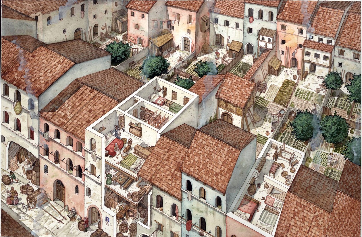 Idade Média: vista aérea de habitações, vistas em corte transversal do interior das habitações em Florença, Itália, no século XIII. de Giorgio Albertini
