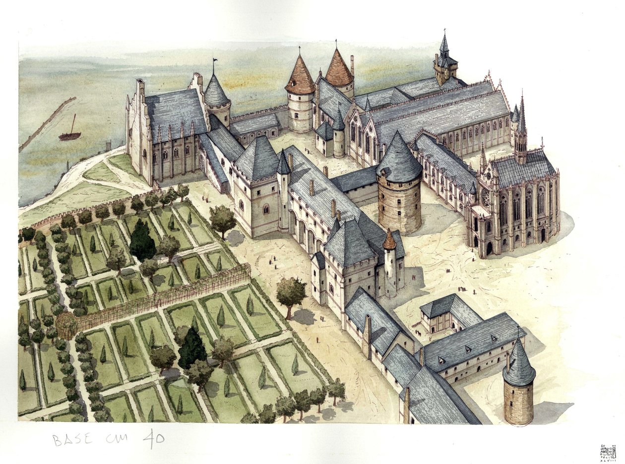Idade Média: vista aérea do Palácio dos Concierges em Paris, tal como era no século XV, quando se tornou uma prisão. de Giorgio Albertini