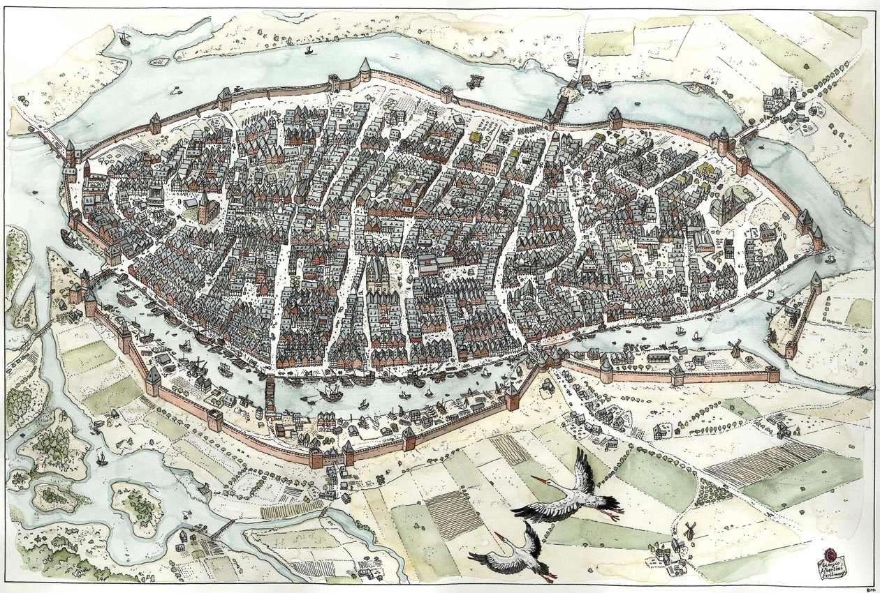 Idade Média: vista aérea da cidade de Lubeck, na Alemanha, com mapa de ruas, mostrando a sua posição geográfica numa ilha na confluência dos rios Wakenitz e Trave. Século XV. Alemanha Ilustração de Giorgio Albertini. (O uso da palavra "Lubeck" deste autor  de Giorgio Albertini