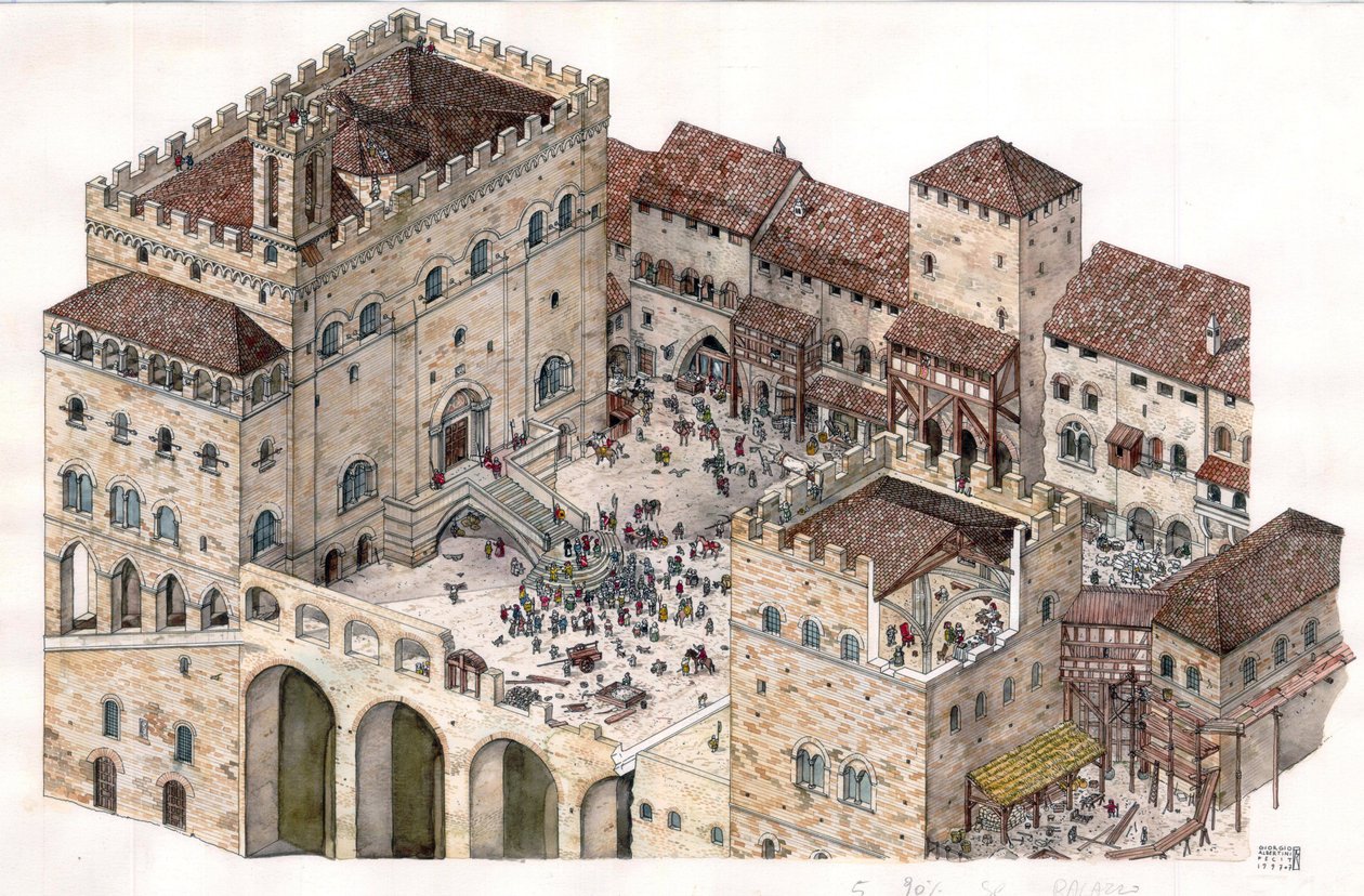 Idade Média: vista aérea da praça central da cidade de Gubbio (Úmbria), em Itália, no século XIV. O Palácio dos Cônsules é visível à esquerda. de Giorgio Albertini