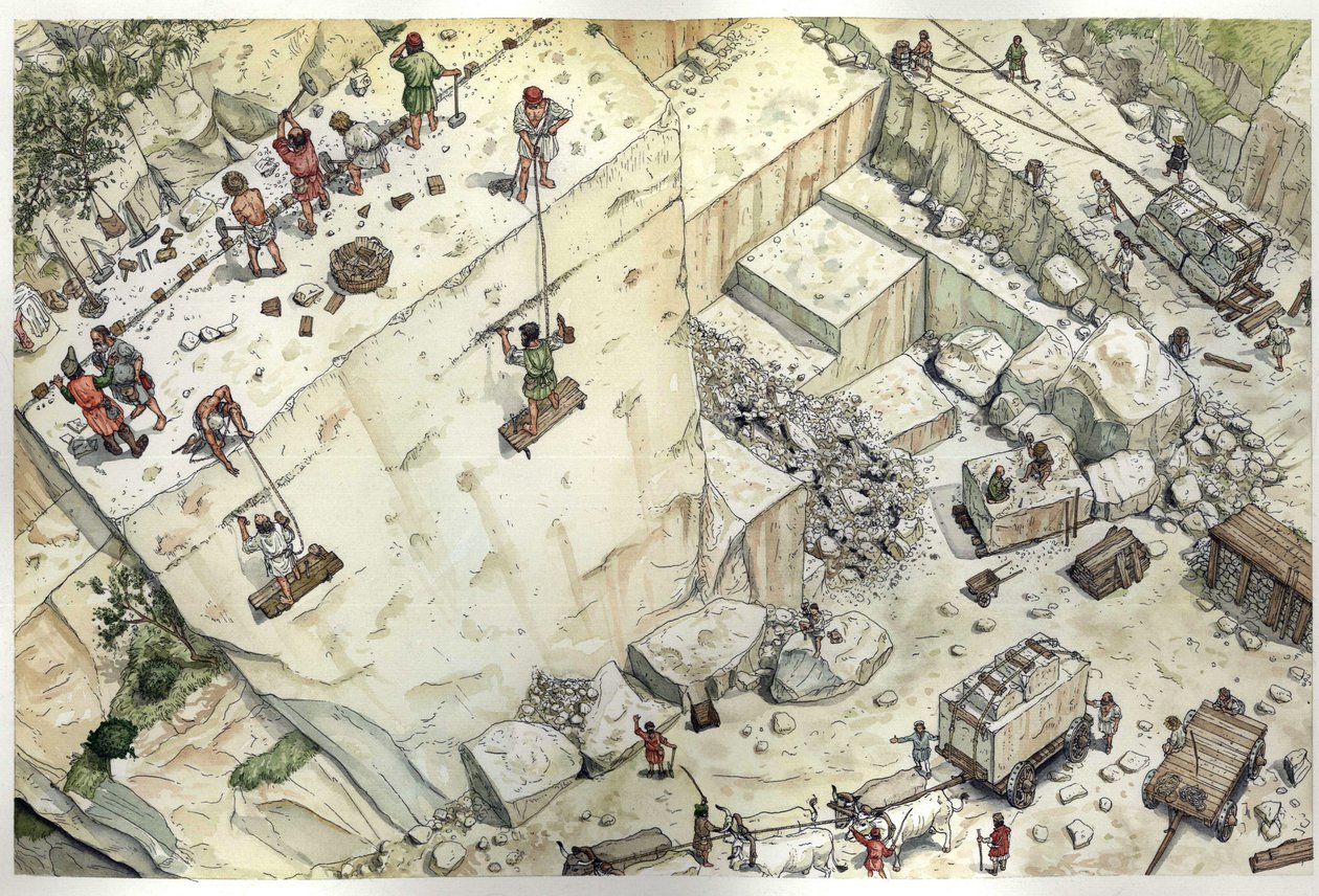Idade Média: vista aérea representando os operários que trabalhavam nas pedreiras de mármore de Carrara (Carrara) no século XV. Estão representadas as diferentes etapas, extração, tamanho do bloco, transporte. Itália Ilustração de Giorgio Albertini. (A uti de Giorgio Albertini