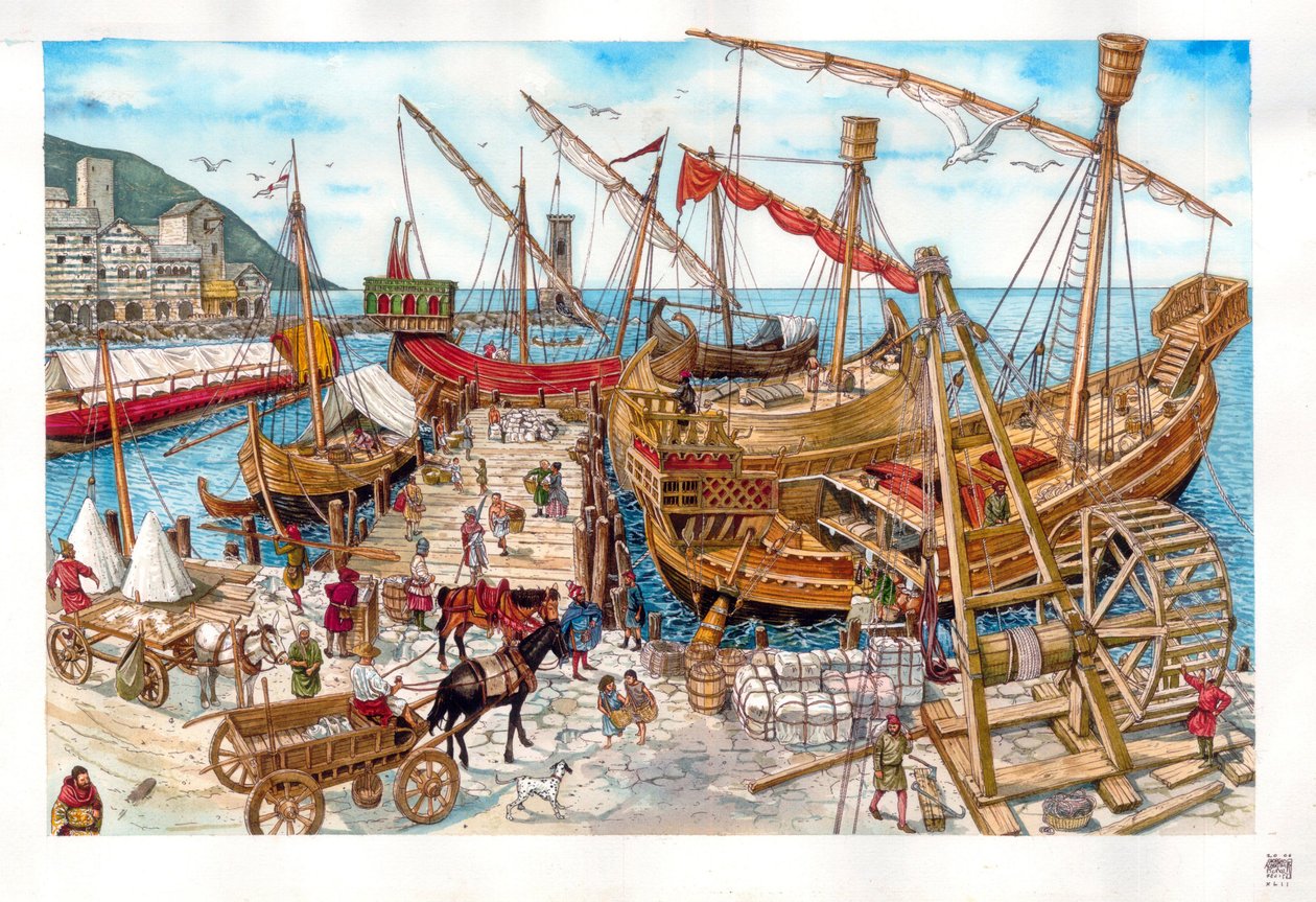 Idade Média: actividades comerciais, carregamento de barcos, num porto da região da Ligúria. Itália Século XIV de Giorgio Albertini