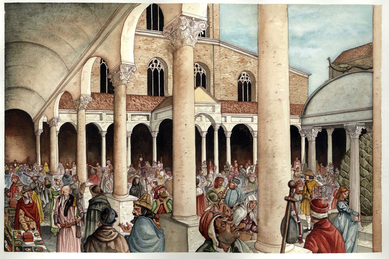 Idade Média: fideles, pelerins, comerciantes e romanos representados no século XIII no peristilo (entrada) da antiga Basílica de São Pedro de Roma (São Pedro ou Basílica de San Pietro ou Basílica de Constantino), datada do Império Romano, Roma de Giorgio Albertini