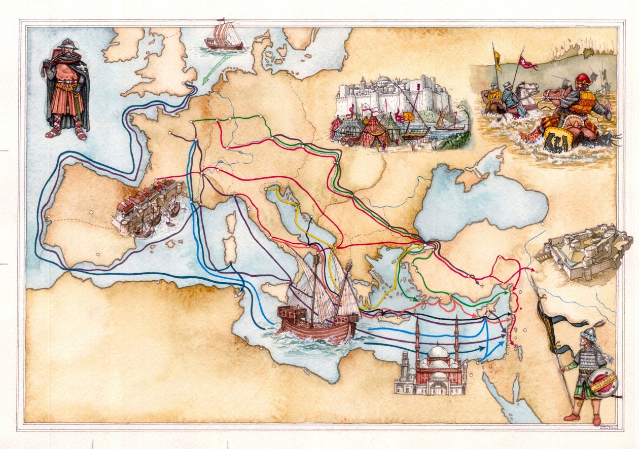Idade Média: mapa da Europa e do Médio Oriente mostrando as rotas terrestres e marítimas utilizadas pelas Cruzadas durante as várias cruzadas de Giorgio Albertini