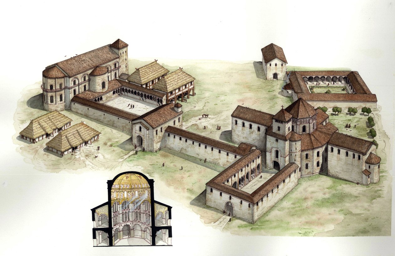 Idade Média: visão geral e corte transversal reconstruindo o palácio de Carlos Magno (ca. 742-814) realizado pelo arquiteto Eudes de Metz por volta de 794 em Aachen (Aachen), Alemanha. Ilustração de Giorgio Albertini. (A utilização das obras deste autor nã de Giorgio Albertini