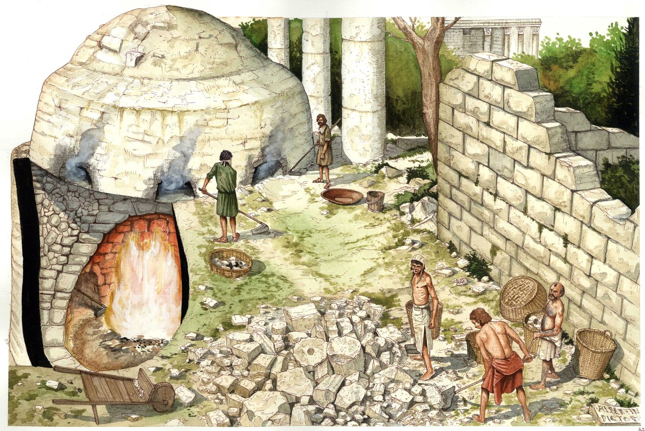 Idade Média: reconstituição de um forno de cal (chaufour), trabalhadores a trabalhar a pedra calcária. Ilustração de Giorgio Albertini. (A utilização das obras deste autor não está sujeita a um pedido de autorização de terceiros nem ao pagamento de taxas s de Giorgio Albertini