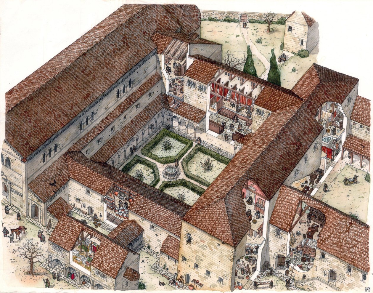 Idade Média: reconstituição de um mosteiro e da vida de freiras ou monges. Os cortes permitem ver as cenas interiores. Ilustração de Giorgio Albertini. (A utilização das obras deste autor não está sujeita a um pedido de autorização de terceiros. de Giorgio Albertini