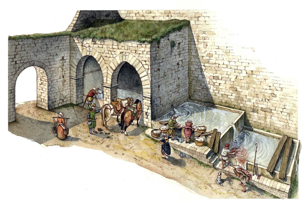 Idade Média: reconstituição de uma fonte de água de nascente no centro de Itália no século XV. É utilizada como lavadouro, bebedouro e ponto de água para os habitantes da cidade. de Giorgio Albertini