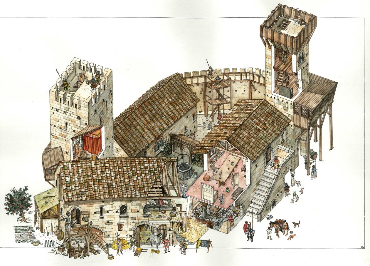 Idade Média: reconstrução de um castelo das regiões centrais de Itália no século XIII. Os cortes permitem ver as actividades no castelo, os soldados posicionados para defesa nas torres. Ilustração de Giorgio Albertini. (A utilização de imagens deste autor de Giorgio Albertini