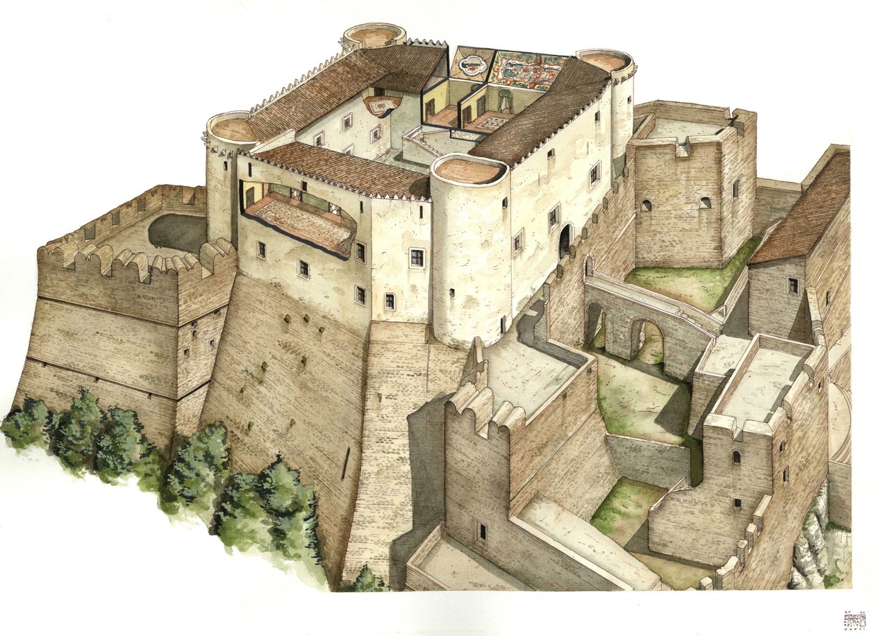 Idade Média: reconstrução do castelo de Santa Severina, construído no século XI, em Catanzaro. Calábria Itália Ilustração de Giorgio Albertini. (A utilização das obras deste autor não está sujeita a um pedido de autorização de terceiros ou a de Giorgio Albertini