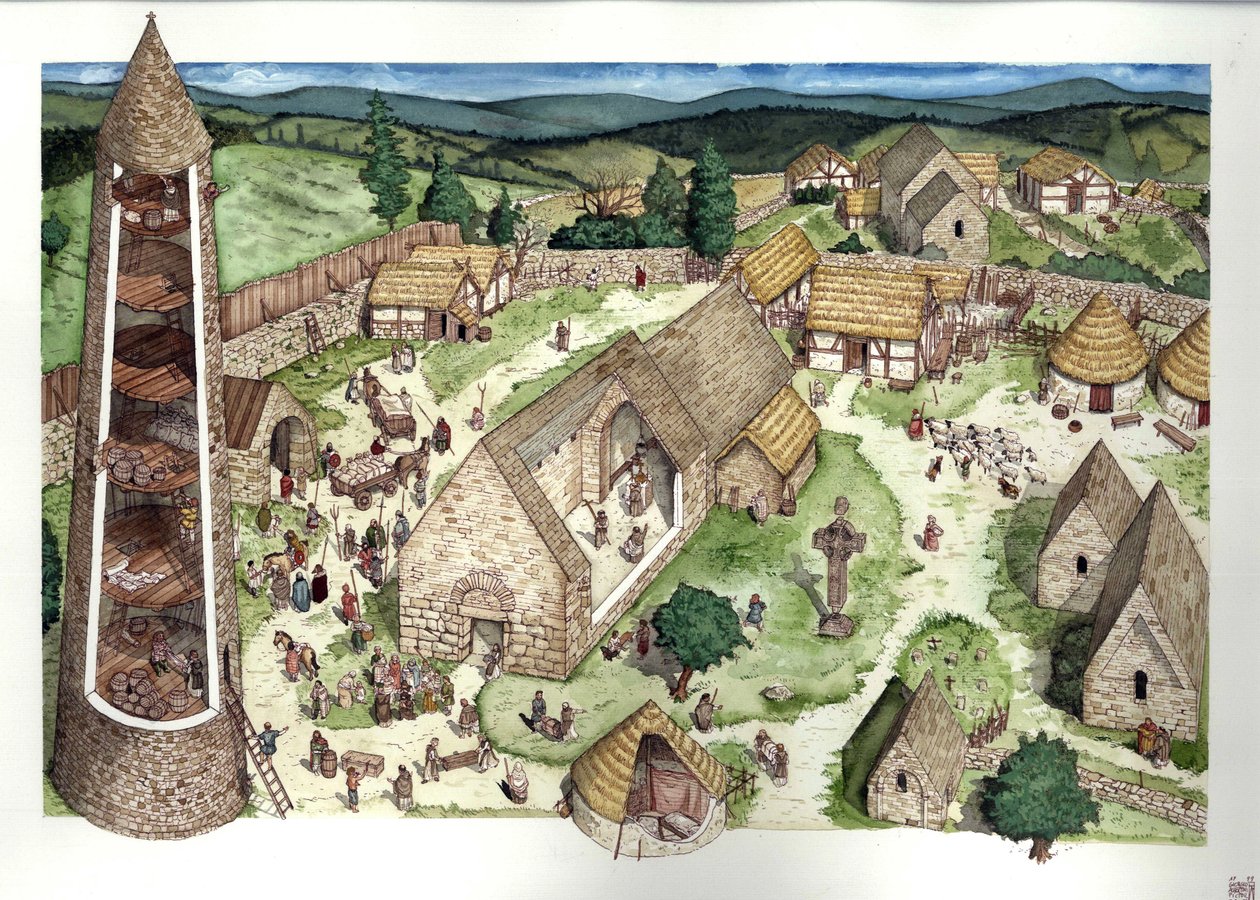 Idade Média: reconstrução do antigo mosteiro de Glendalough fundado por São Kevin, um padre eremita. No século IX, o local tornou-se um local de educação religiosa. É visível uma torre redonda em corte transversal, uma cruz celta. Irlanda do século IX Ilus de Giorgio Albertini