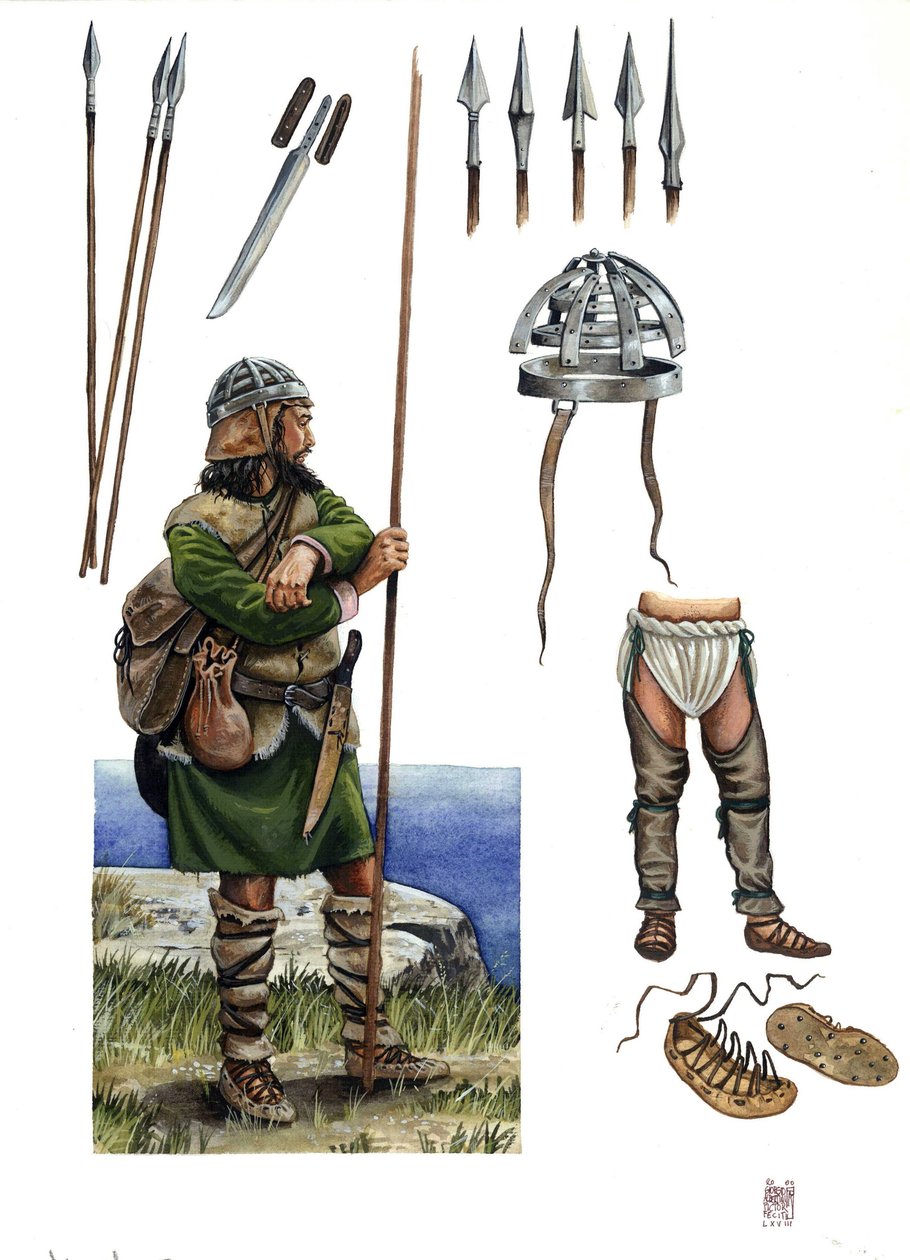 Idade Média: representação de um Almogavra, soldado mercenário do Reino de Aragão Catalunha por volta do século XIV: descrição das armas e do seu traje. de Giorgio Albertini