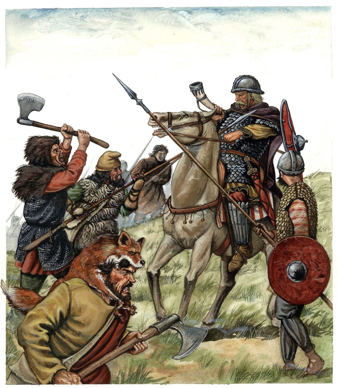 Idade Média: cena da Batalha de Roncesvaux (País Basco espanhol), cavaleiro franco da Armada de Carlos Magno opõe-se aos mouros em 778. Ilustração do século VIII de Giorgio Albertini. de Giorgio Albertini