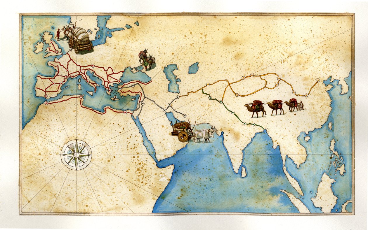 Idade Média: as principais estradas que atravessam a Europa (estradas romanas), as estradas de descasque (Jerusalém), a Rota da Seda para a China. de Giorgio Albertini
