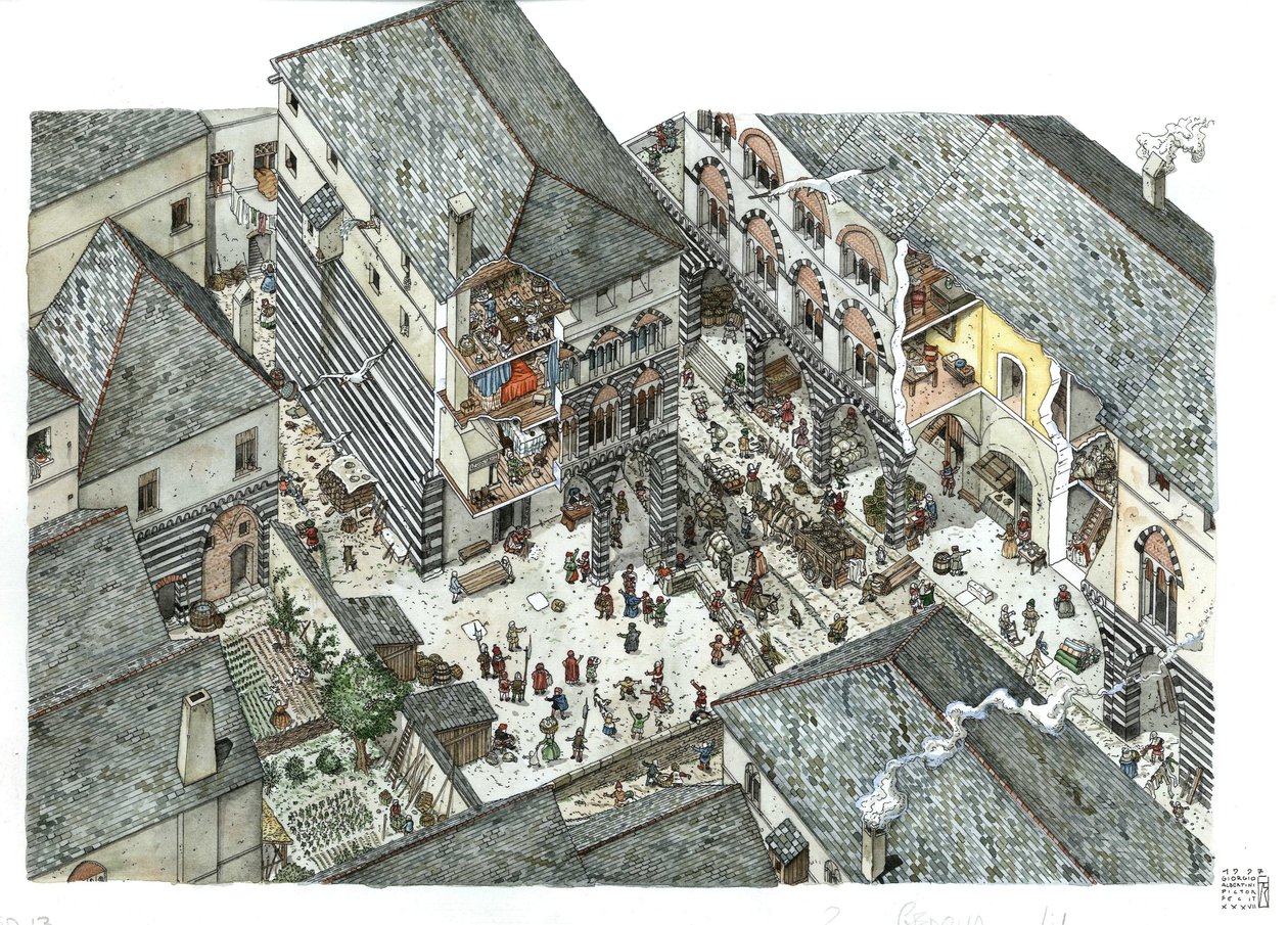 Idade Média: vista de um palácio da nobreza mercantil (Curia ou cúria) de Genes no século XV, cenas de rua, Itália Ilustração de Giorgio Albertini. de Giorgio Albertini