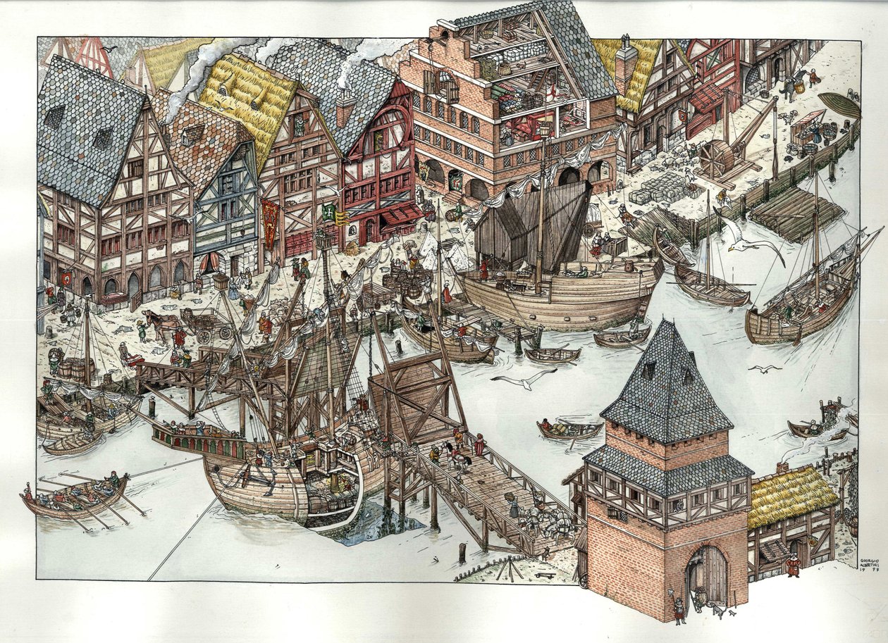 Idade Média: vista das actividades comerciais em torno do porto de Lubeck, no Mar Báltico. Século XIV. Alemanha de Giorgio Albertini