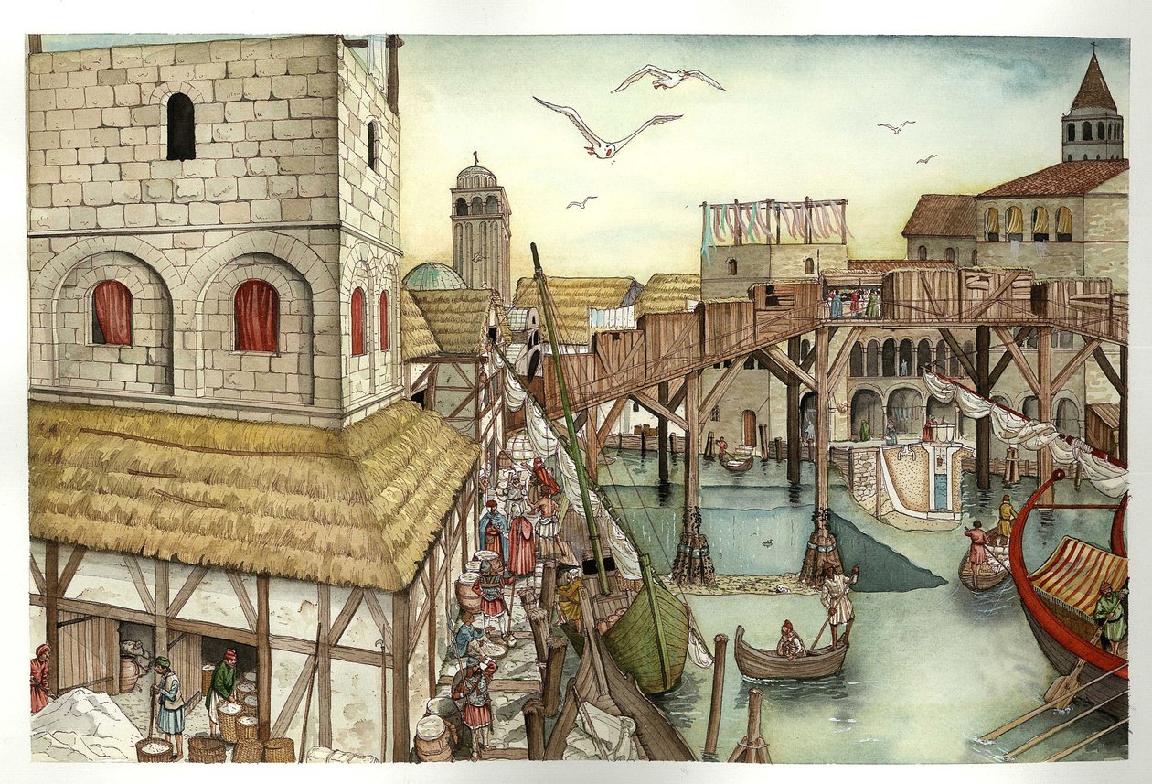 Idade Média: vista da Ponte de Rialto no século XI e actividades em Veneza, Itália. de Giorgio Albertini
