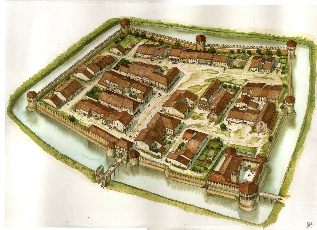 Idade Média: vista da cidade fortificada de Bagnara di Romagna no final do século XV. Itália de Giorgio Albertini