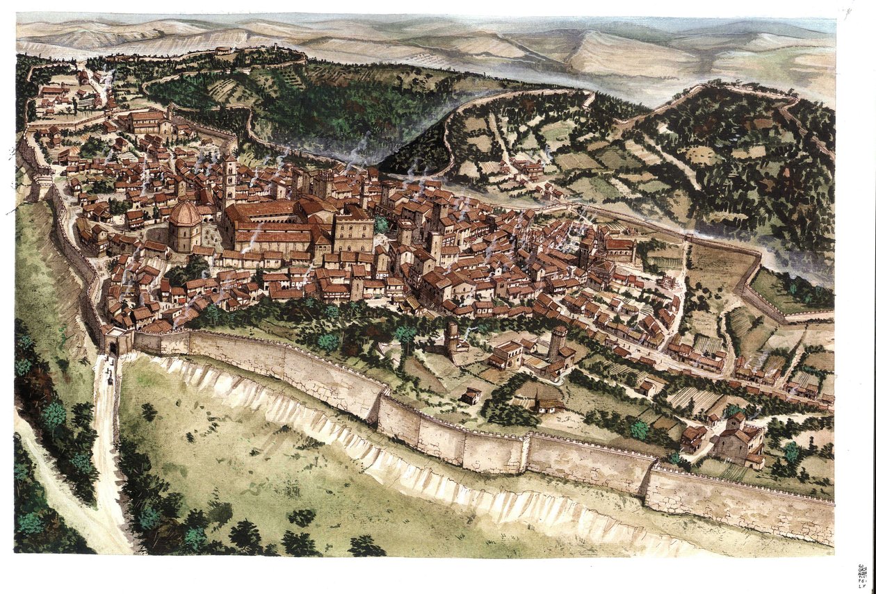 Idade Média: vista da cidade medieval de Volterra, rodeada de muralhas, no século XIV. Toscana. Itália Ilustração de Giorgio Albertini. (A utilização das obras deste autor não está sujeita a um pedido de autorização de terceiros nem a uma autorização de te de Giorgio Albertini