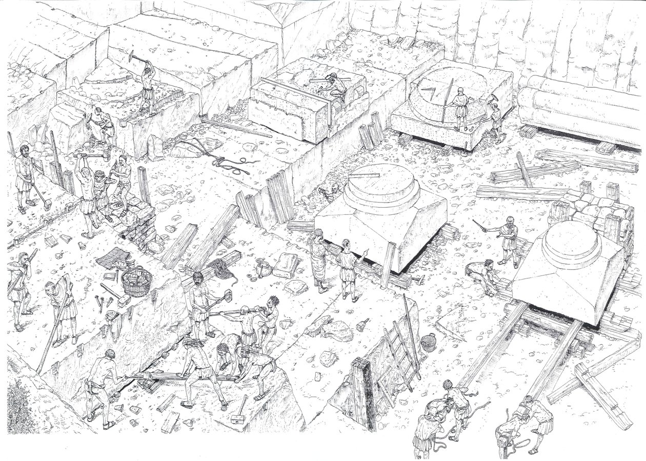 Idade Média: vista de operários a trabalhar nas pedreiras de mármore de Carrara (Carrara) no século XV. Itália Ilustração de Giorgio Albertini. (A utilização das obras deste autor não está sujeita a um pedido de autorização de terceiros. de Giorgio Albertini