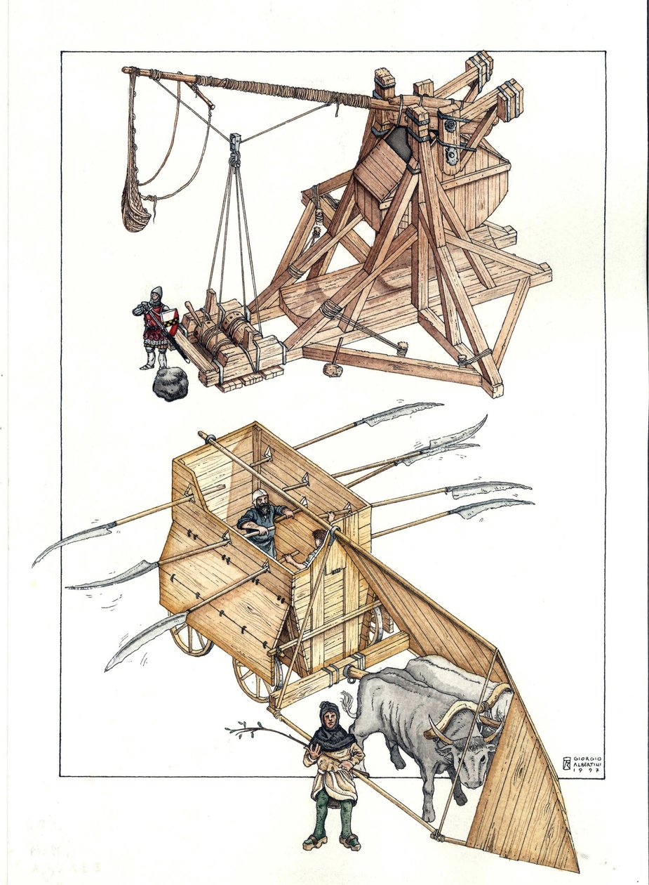 Idade Média: máquina de guerra, modelo de catapulta e de tanque disparado por bois com lanças afiadas. de Giorgio Albertini