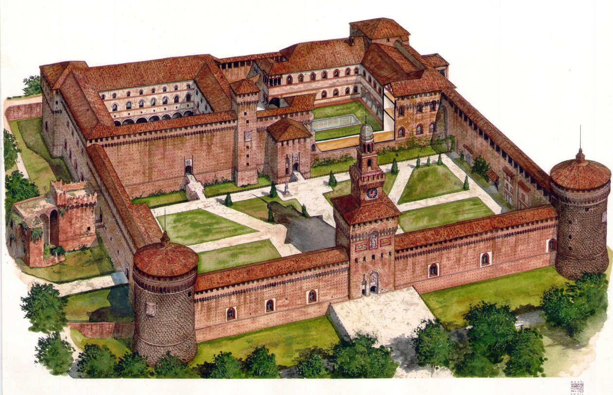 Vista geral do castelo da fortaleza Sforza (Castello Sforzesco) construída pelo Duque Francesco Sforza no século XV em Milão, Itália. de Giorgio Albertini