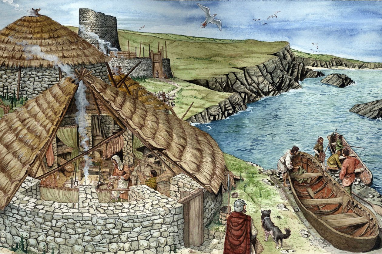 Pré-história: reconstituição da vida quotidiana na Idade do Ferro, uma família numa broch, habitação fortificada construída na Escócia, provável ancestralidade dos fortes, representada numa secção, as mulheres cozinham, os homens saem de barco para caçar e de Giorgio Albertini