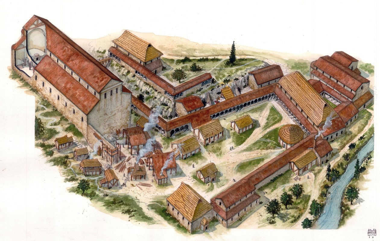 Arte pré-romana: vista aérea do mosteiro de bênção de São Vicente (São Vicente) de Volturno (Abbadia di San Vincenzo al Volturno) fundado no século VIII. Castel san Vincenzo, Itália Ilustração de Giorgio Albertini. (A utilização da obra deste autor de Giorgio Albertini