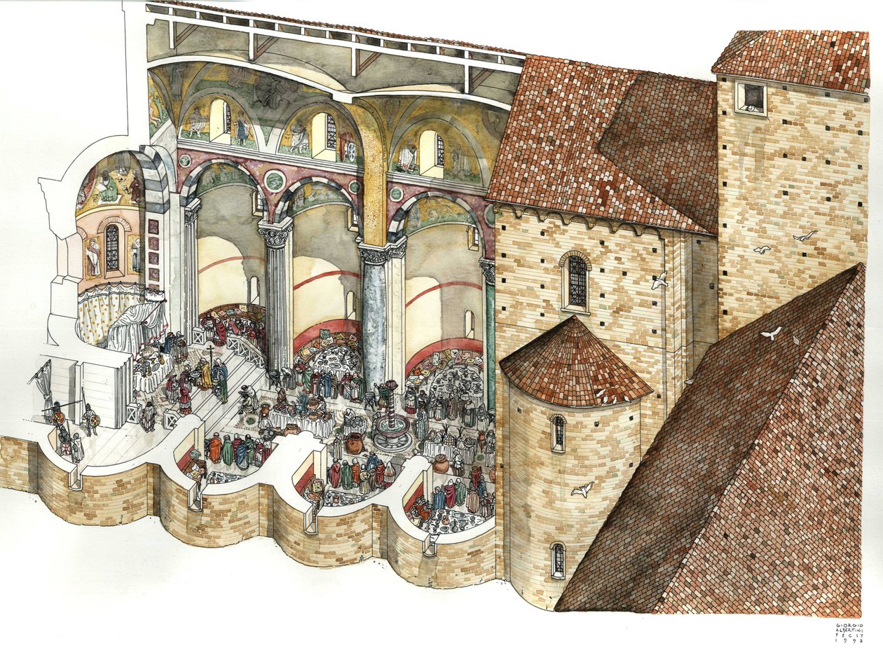 Reconstituição da Basílica de São João de Latrão (São João de Latrão ou San Giovanni in Laterano) no século VIII: a taça arquitetónica permite ver o triclínio e a cerimónia de inauguração de um papa. Roma de Giorgio Albertini