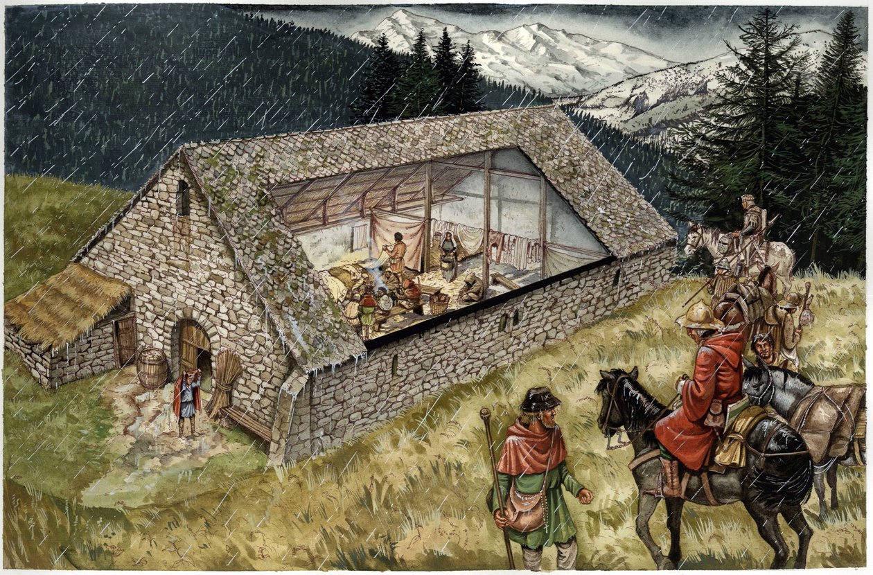 Reconstrução de um hospital (hospício ou refúgio) de pelerins em Moncenisio (Montcenis) nos Alpes, Itália de Giorgio Albertini