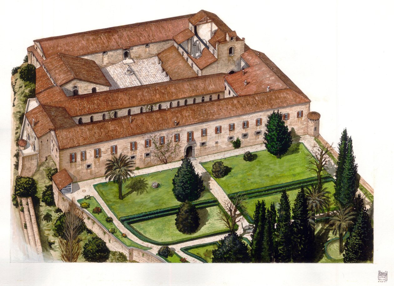 Reconstrução do castelo Nelson (Ducea Nelson), construído em 1173, que Fernando III da Sicília ofereceu ao almirante Horatio Nelson em 1799, em Bronte, perto de Catânia, na Sicília, Itália Ilustração de Giorgio Albertini. (A utilização de obras deste autor de Giorgio Albertini