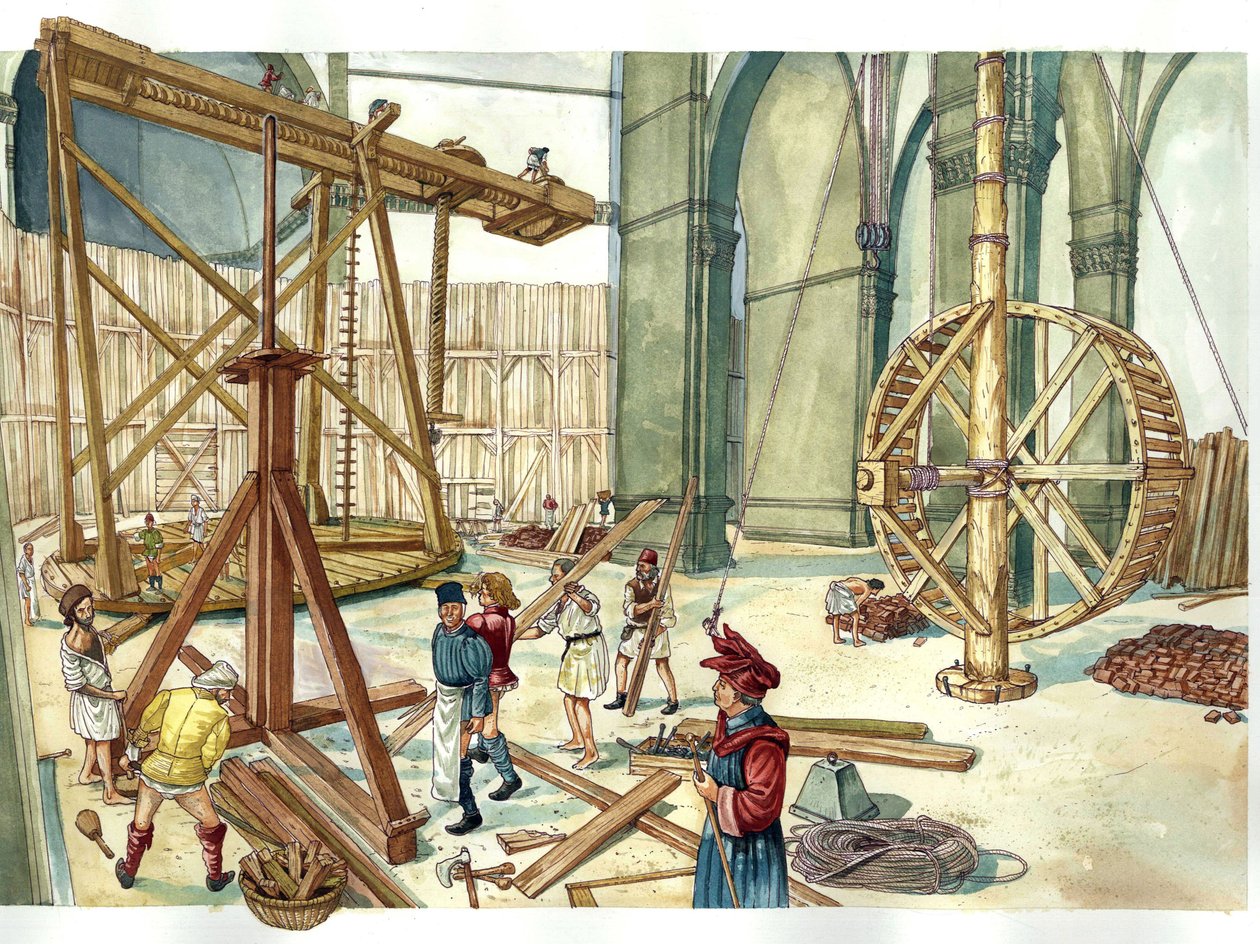 Renascimento: reconstrução do local de construção da cúpula da igreja de Santa Maria del Fiore (Duomo) segundo os planos do arquiteto Filippo Brunelleschi. 1436. Florença, Itália Ilustração de Giorgio Albertini. (A utilização das obras deste autor não é pe de Giorgio Albertini