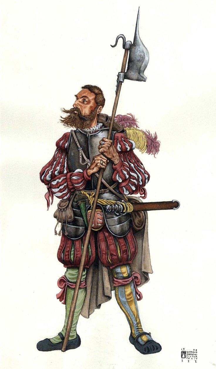Representação de um Lansquenet (Lanzknecht), um mercenário alemão, ao serviço de um senhor. Século XVI de Giorgio Albertini