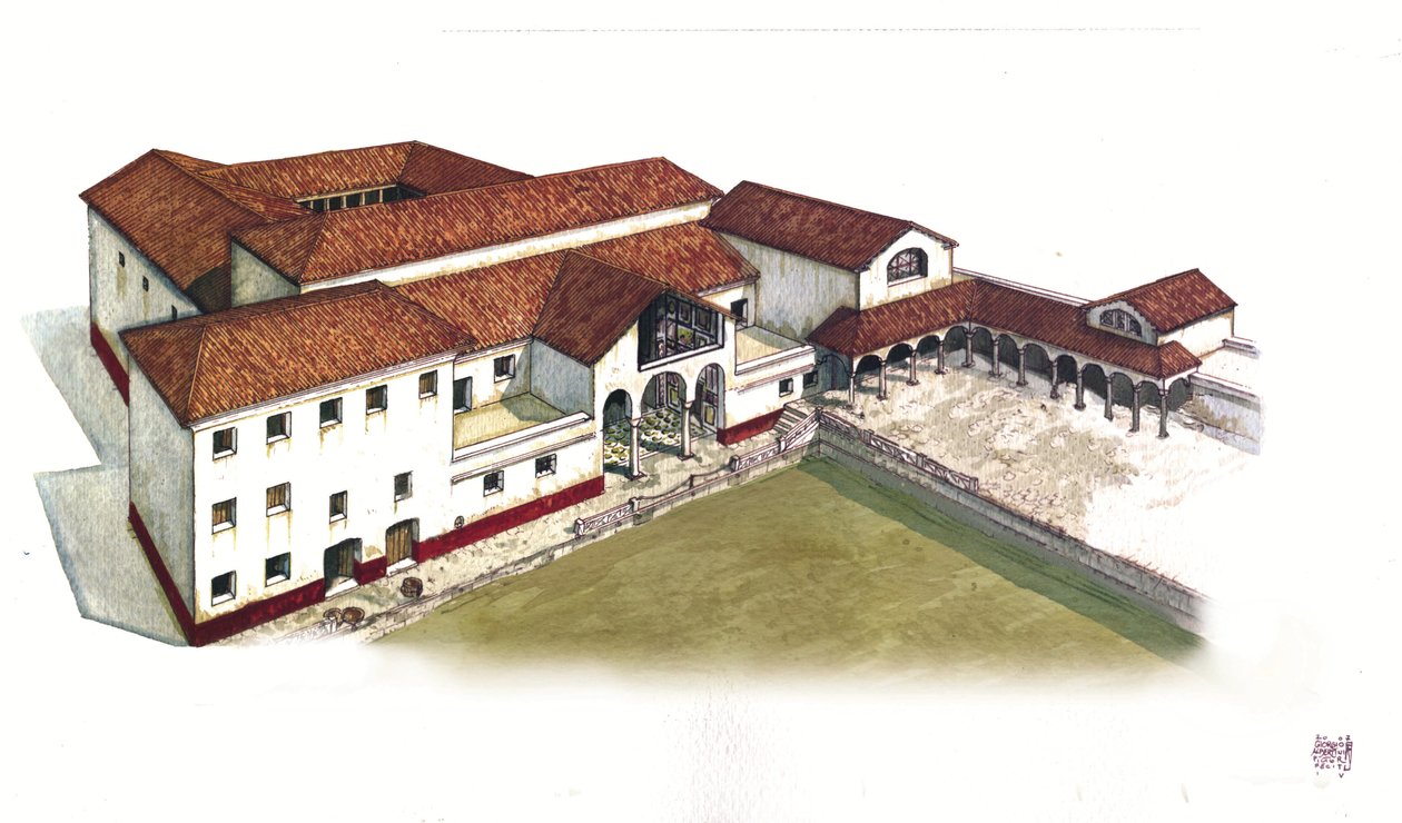 Roman Antiquite: reconstituição do sítio da domus di porta marina (domus di porta marina) em Ostia antica (Ostia antiga) no século IV, Itália. de Giorgio Albertini
