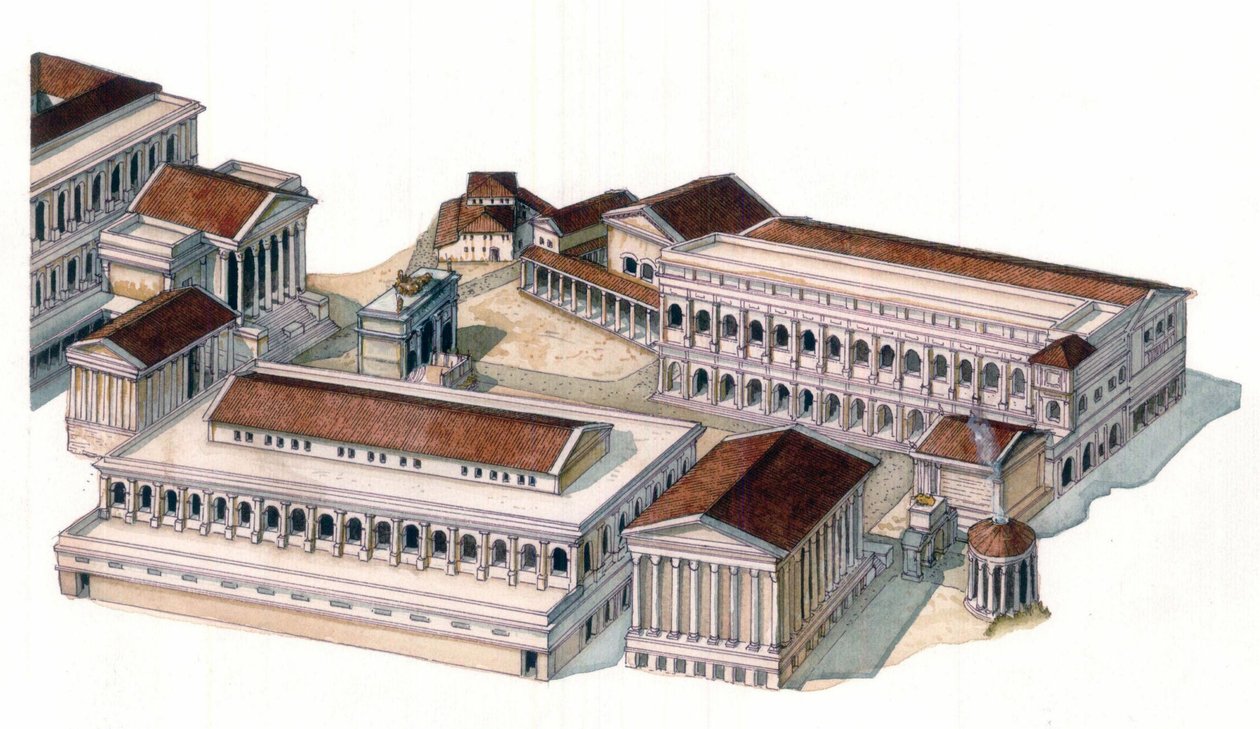 Antiguidade romana: reconstituição do fórum romano (foro romano) na época do imperador Augusto (Caius Julius Caesar Octavianus Augustus) (63 a.C.-14 d.C.) de Giorgio Albertini