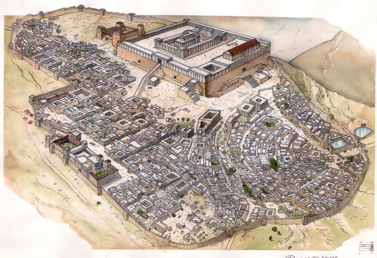 Antiguidade romana: reconstituição da cidade de Jerusalém, o templo domina a cidade, ao lado da Fortaleza Antónia, que albergava a guarnição romana. Israel. de Giorgio Albertini