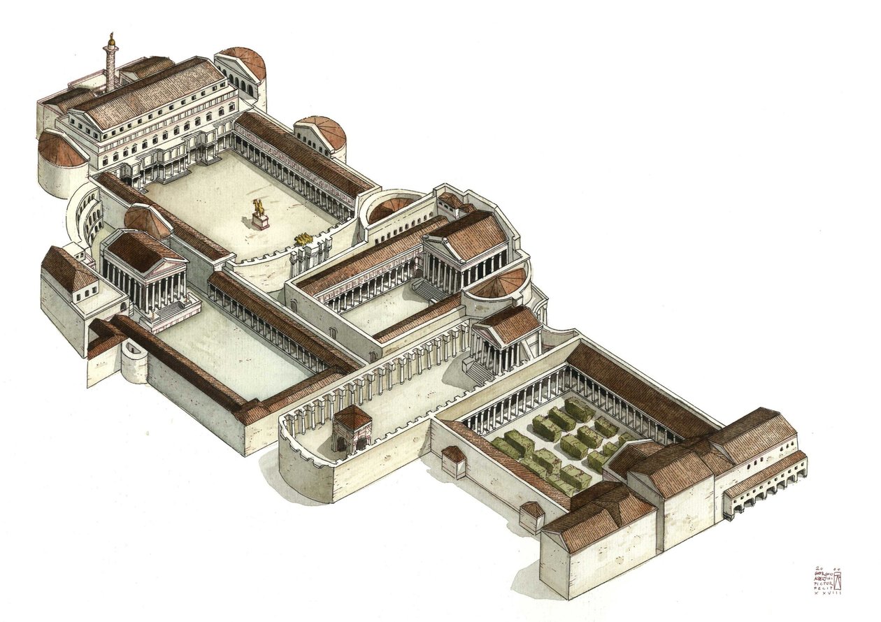 Antiguidade romana: reconstituição do fórum de Trajano (foro di traiano) no século III d.C., Roma. Itália. de Giorgio Albertini