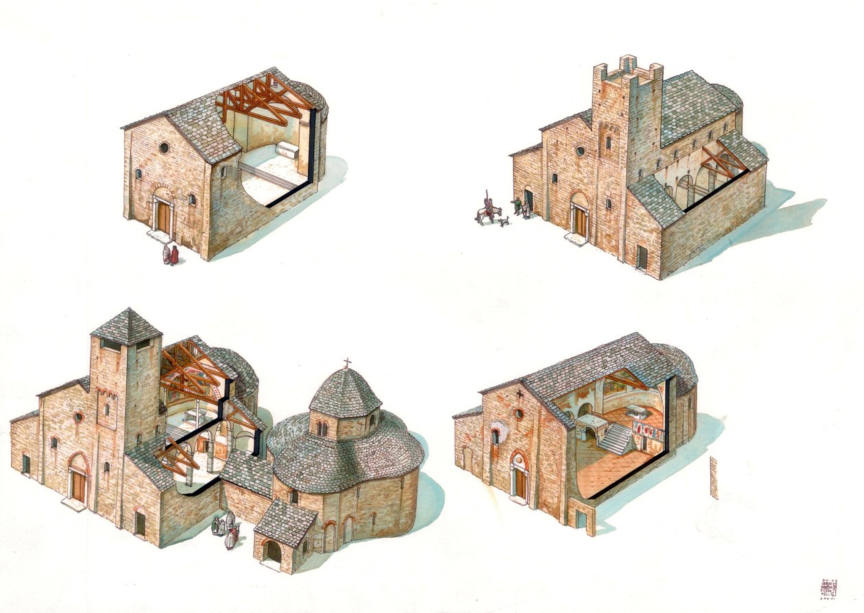 Arte românica: descrição das fases de construção com secções que permitem ver o progresso da obra e o interior da Abadia de São Vicente de Galliano, incluindo a Basílica de São Vicente e o Batistério de Giorgio Albertini