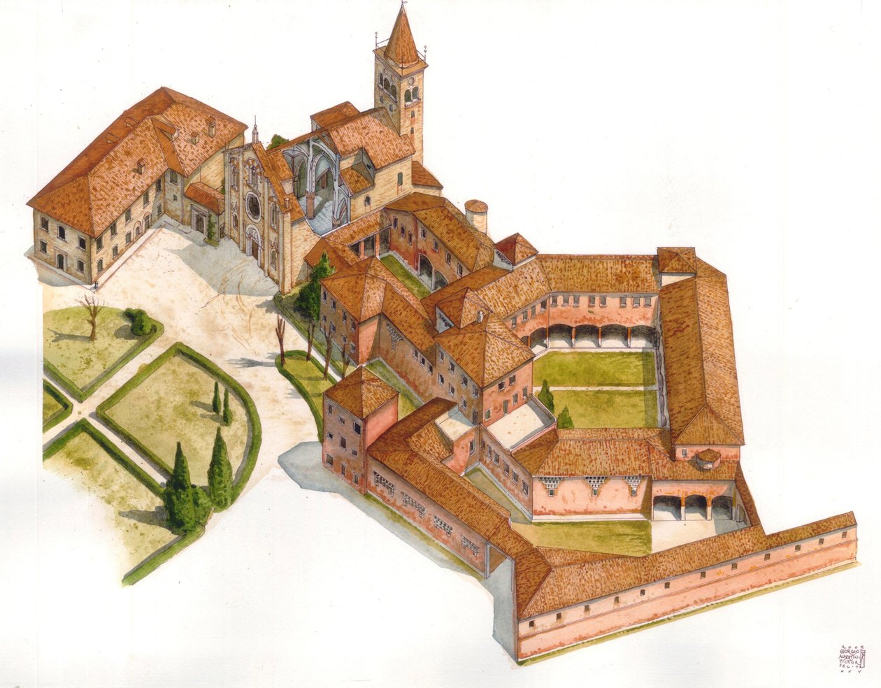 Arte romanogótica: vista aérea da estrutura da Abadia de Viboldone construída entre 1176 e 1348 em San Giuliano Milanese, perto de Milão, Itália Ilustração de Giorgio Albertini. (A utilização das obras deste autor não está sujeita a um pedido de autorizaçã de Giorgio Albertini