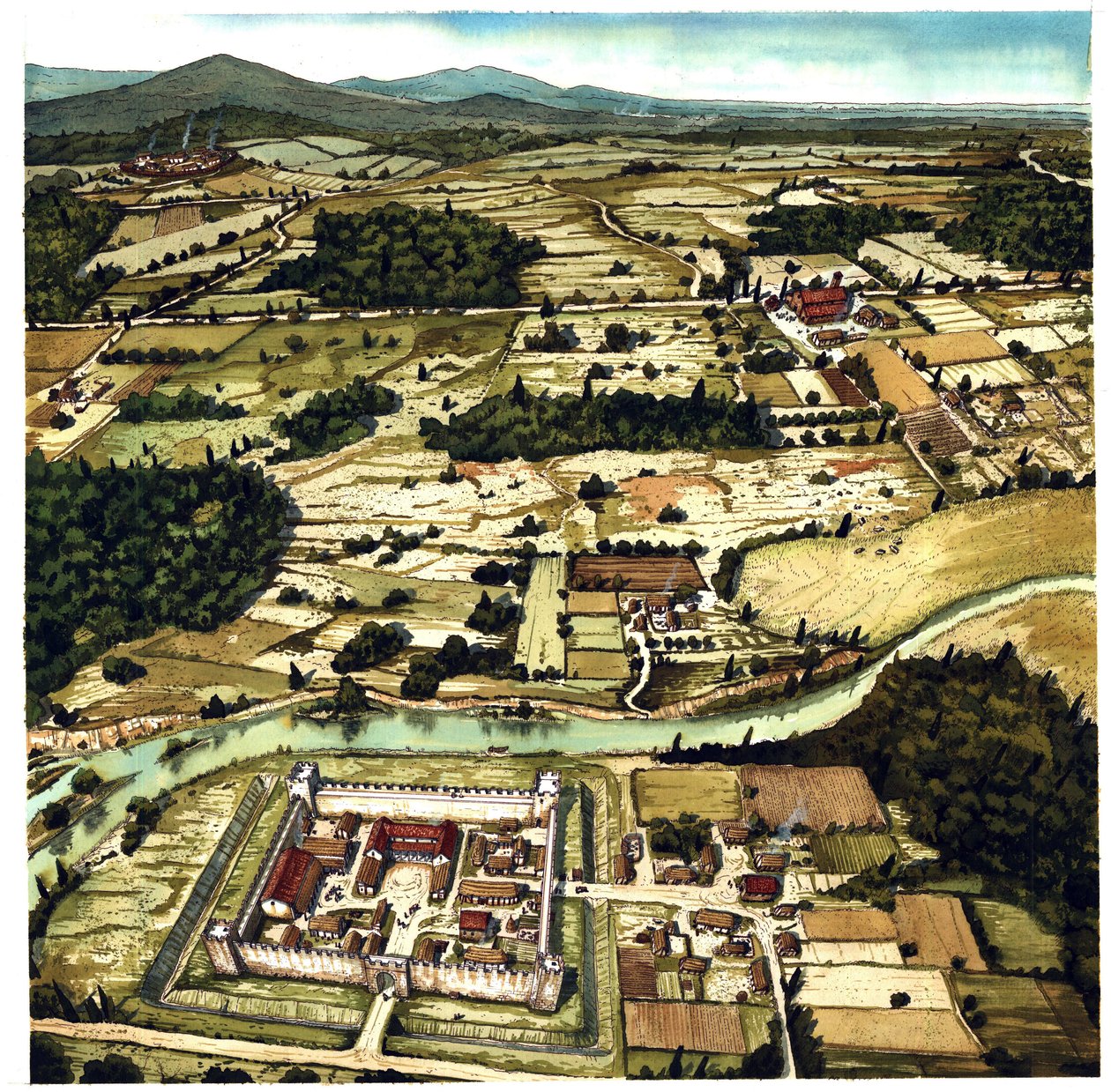 Vista de uma paisagem típica da Alta Idade Média, com uma fortaleza em primeiro plano, França. Século VI-XI de Giorgio Albertini