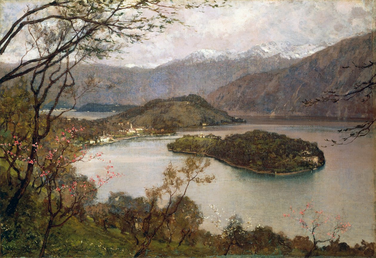 Vista da Ilha Comacina, Lago Como, de Giorgio Belloni (1861-1944), óleo sobre tela, 69,5x100 cm de Giorgio Belloni