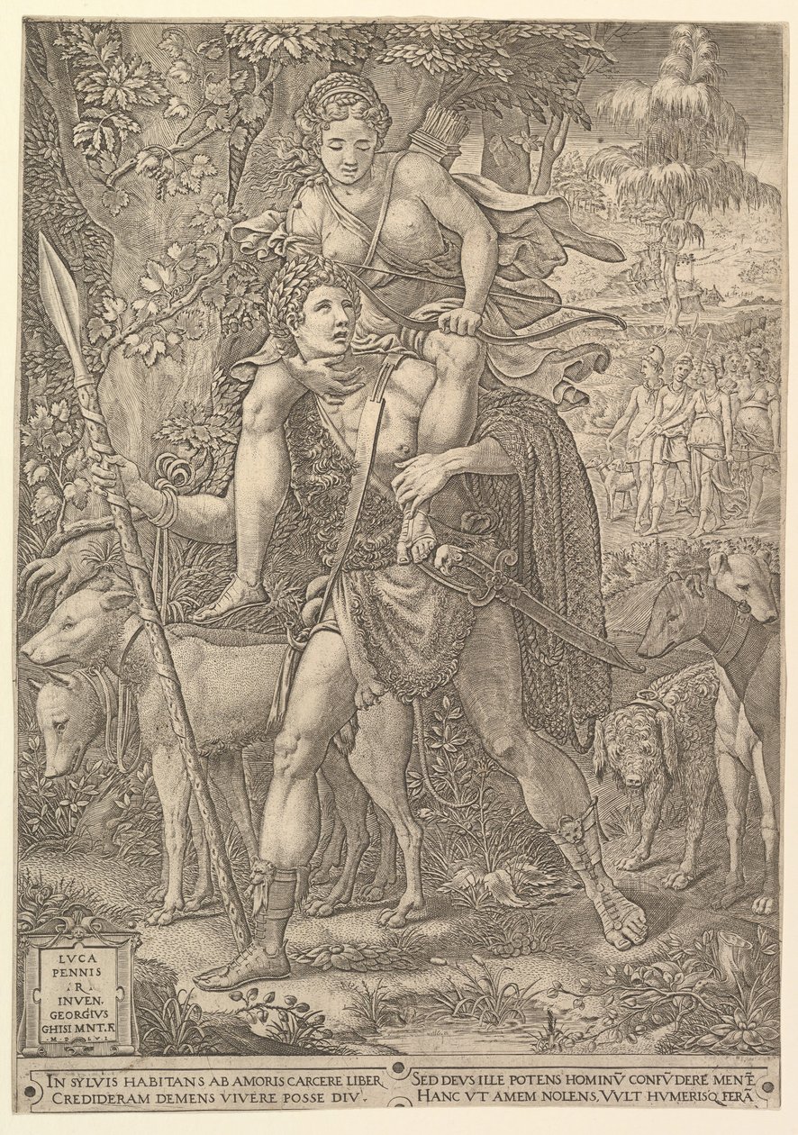 Alegoria da caça, um caçador segurando uma lança grande carregando uma mulher Diana em seu shou ..., 1556. de Giorgio Ghisi