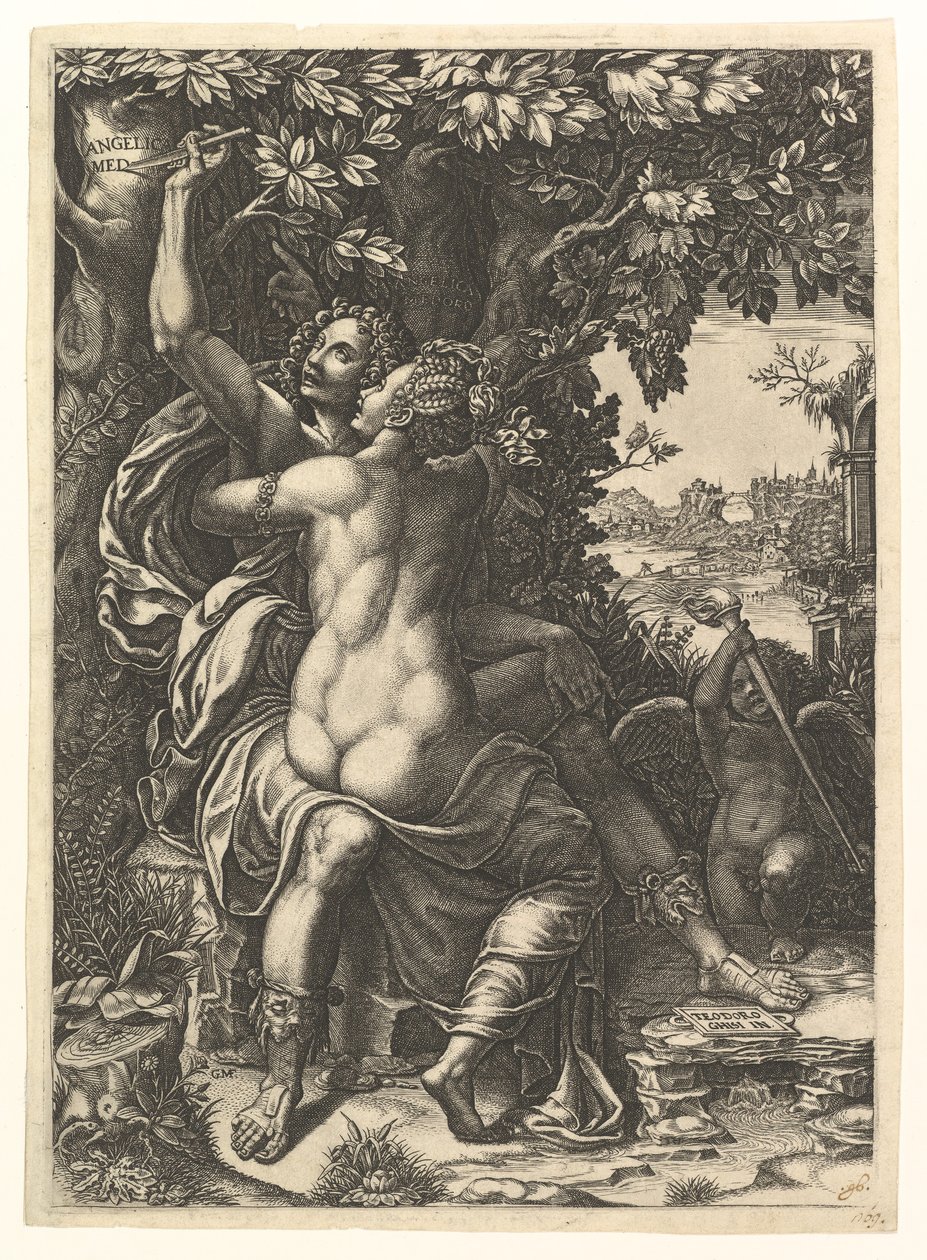 Angélica e Medoro, o casal se abraçando, Medoro gravando seus nomes na casca de uma ..., ca. 1570 de Giorgio Ghisi