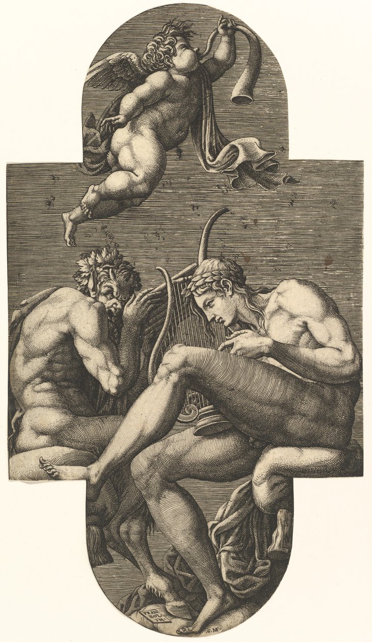 Apollo, Pan, e um putto soprando um chifre, de uma série de oito composições depois da França..., década de 1560. de Giorgio Ghisi
