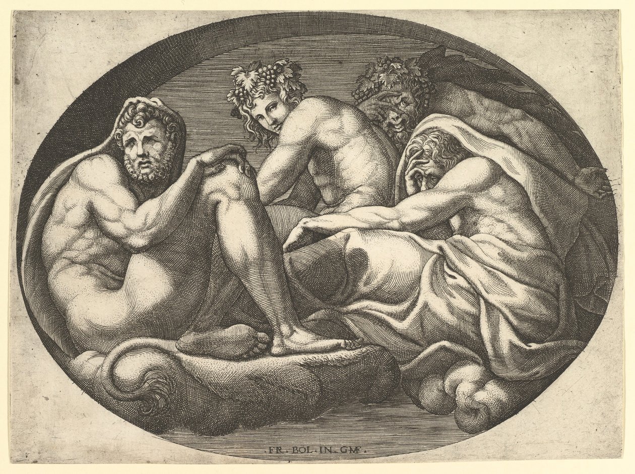 Hércules, Baco, Pan e Saturno, de uma série de oito composições após Francesco P ..., 1560s. de Giorgio Ghisi