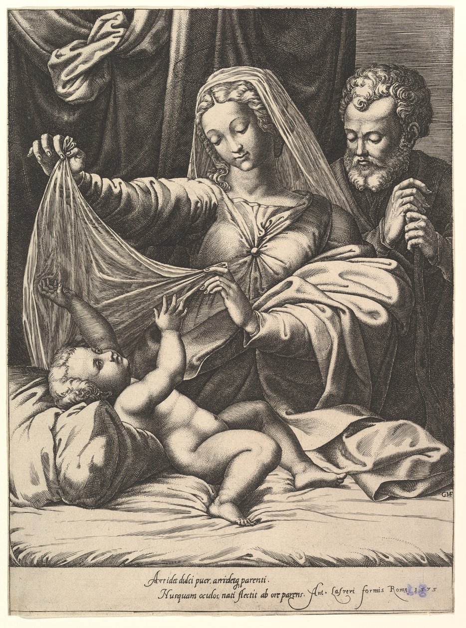 Madona de Loreto, a Virgem levanta um véu sobre a Criança, que se deita em uma cama e travesseiro ..., 1575. de Giorgio Ghisi