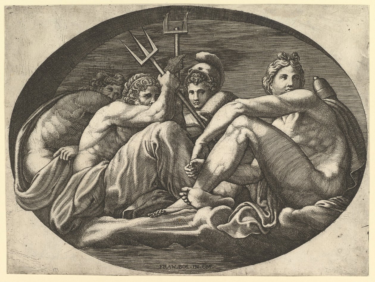 Plutão, Netuno, Minerva e Apolo, de uma série de oito composições após Francesco P..., década de 1560. de Giorgio Ghisi